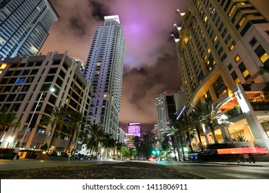 Night photo of Brickell Avenue in the Business District of Miami, Florida with passing traffic light trails 