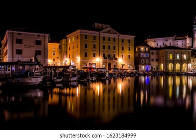 Night Piran, Slovenia, October 2019, Night Reflections On Adriatic Sea