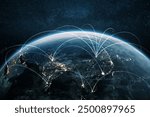 Night planet earth Asian countries with light lines of communication and connection. Business and finance, concept.  Global communications system and the World Wide Web. Technologies and communication