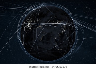 Night planet earth with lights of night cities of asia, china, india, korea and japan in starry space with communication lines and satellites. Technology, concept - Powered by Shutterstock