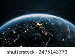 Night planet earth from space with light lines of communication and connection. Business and finance, concept.  Global communications system and the World Wide Web. Technologies and communications.