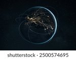 Night planet earth from space with light lines of communication and connection. Business and finance, concept.  Global communications system and the World Wide Web. Technologies and communications.