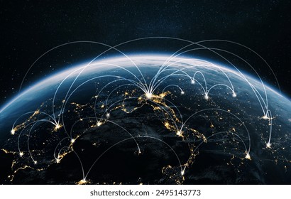 Night planet earth from space with light lines of communication and connection. Business and finance, concept.  Global communications system and the World Wide Web. Technologies and communications.