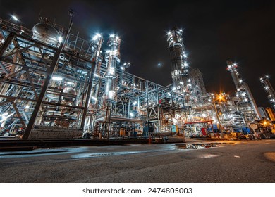 Oil​ refinery​ night plant and tower of Petrochemistry industry in oil​ and​ gas​ ​industry. - Powered by Shutterstock