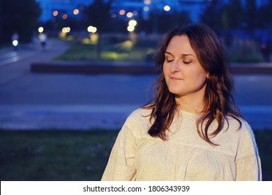 Night Portrait Of Woman With Closed Eyes, Sleepwalking Concept