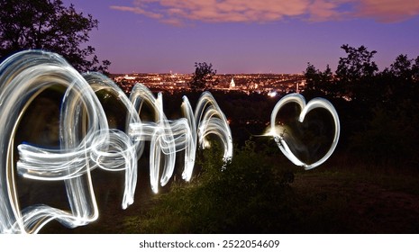 Night Prague, light painting, Praha love, long exposure, night town, heart, Czech. Noční Praha název - Powered by Shutterstock