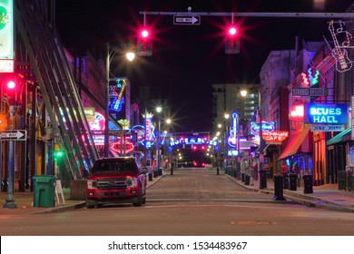 A Night Or Pre-dawn Image Of A Vacant Beale Street.  Beale Street Is A Featured Destination For Entertainment, Food, Live Music And Vibrant Neon Signs. - Memphis, Tennessee, USA - October 17, 2019