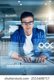 Night, programmer and portrait of man, typing and overlay of interface, keyboard and software. Dark, dashboard and coder for agency, information technology and ideas for programming of data in web