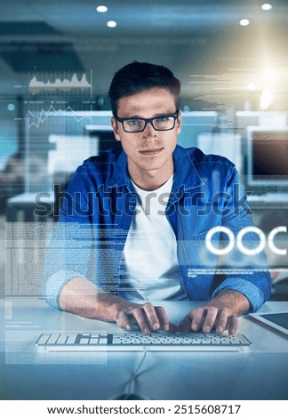Night, programmer and portrait of man, typing and overlay of interface, keyboard and software. Dark, dashboard and coder for agency, information technology and ideas for programming of data in web