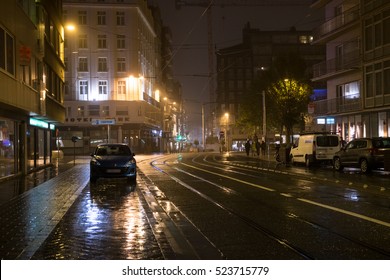 Night Rainy Street In Ostend, Belgium