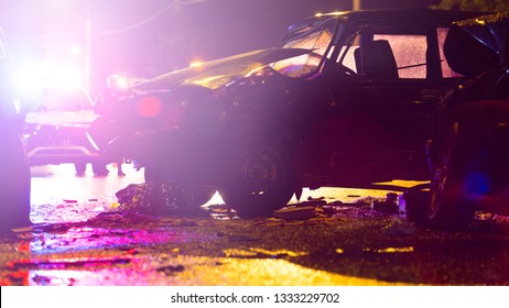 Night Road Car Accident. Car Crash In Police Ligh