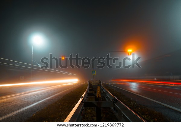 night road dark highway speed red blue 
light asphalt line fog dark landscape lamp
