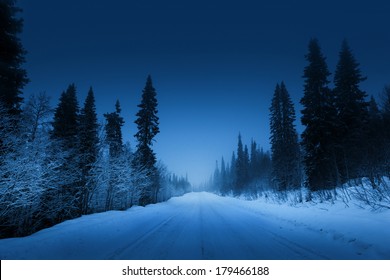 Night Road In Winter Forest