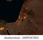 Night satellite view of Israel, Gaza Strip, West Bank, Lebanon, Syria, Jordan and Egypt. City and street lights. Elements of this image are furnished by Nasa