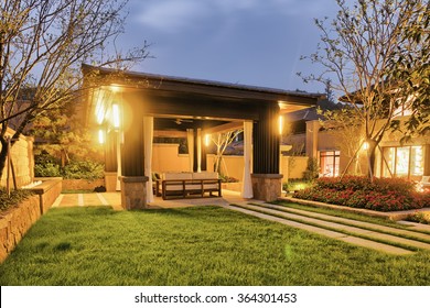 Night Scene Of Backyard Of Modern Villa