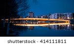 Night scene with blue sky, buildings and bridge in Joensuu in Finland