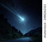 Night scene with a comet, asteroid, meteorite flying to Earth. Night landscape. Elements of this image furnished by NASA. 