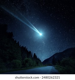 Night scene with a comet, asteroid, meteorite flying to Earth. Night landscape. Elements of this image furnished by NASA. 