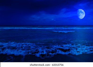 Night Scene In A Deserted Beach With A Crescent Moon