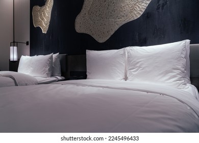 Night scene in hotel room, nightstand with lamp - Shutterstock ID 2245496433