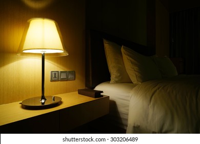 Night Scene In Hotel Room, Nightstand With Lamp