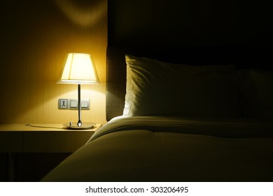 Night Scene In Hotel Room, Nightstand With Lamp