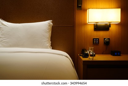 Night Scene In Hotel Room, Nightstand With Lamp