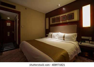 Night Scene In Hotel Room, Nightstand With Lamp