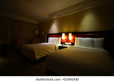 Night Scene In Hotel Room, Nightstand With Lamp