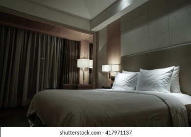 Night Scene In Hotel Room, Nightstand With Lamp