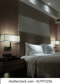 Night Scene In Hotel Room, Nightstand With Lamp