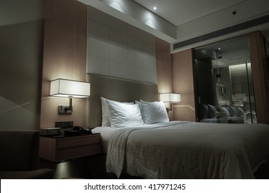 Night Scene In Hotel Room, Nightstand With Lamp