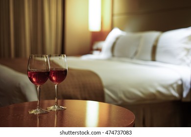 Night Scene In Hotel Room, Nightstand With Lamp