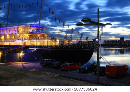 Night scene from Leith harbour near the Royal Yacht Britannia