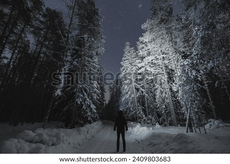 Night scene, a man with a headlamp in the winter forest with starry sky. Back view. . High quality photo