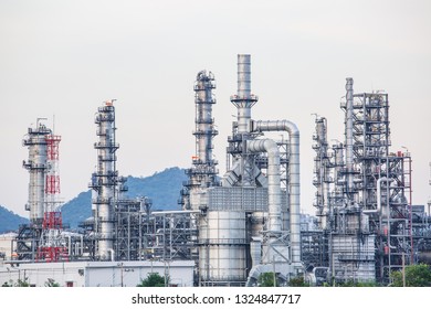 Night Scene Of Oil Refinery Plant Of Petrochemistry Industry In Twilight Time