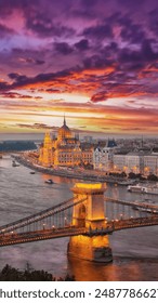 Night scene at river Danube and famous building of Hungarian Parliament and Chain Bridge. Location: Budapest city, Hungary, Europe.