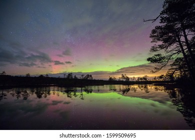 Night Scenery With The Bog Lake With First Ice Frost And Trees With The Starry Sky And Patterned Clouds Background, Illuminated Wit H Aurora Borealis Reflecting In Eater