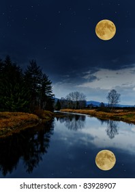 night scenery with the river and the moon