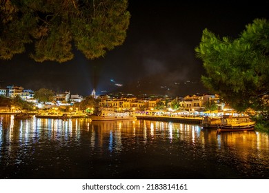 Night scenery view from the islet of Bourtzi, a small peninsula in port of Skiathos island, Sporades Greece - Shutterstock ID 2183814161