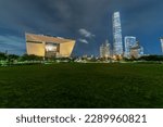 Night scenery of West Kowloon Cultural District of Hong Kong city