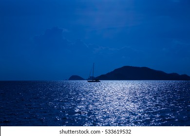 Night Sea Landscape With Boat In The Sea,Fantasy Night Sea