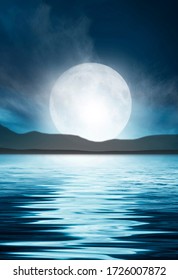 Night Seascape. Dark Landscape With A Marine Background And Sunset, Moon. Abstract Night Landscape In Blue Light. Reflection Of The Moon In The Night Water. Empty Futuristic Landscape.
