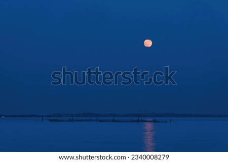 night seascape with full moon and moonlight on dark sky