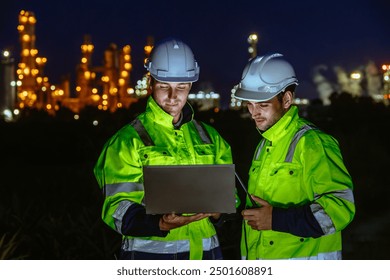 Night shift engineer oil and gas refinery service team worker hard work in petroleum industry plant light blur background. - Powered by Shutterstock