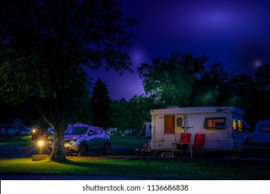 Night Shot Of Caravan Parked Up For Evening In Scotland