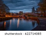 A night shot of the cauldon canal with a bridge crossing at Etruria, Stoke on trent