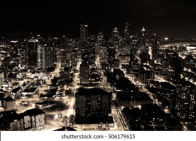 A Night Shot Of The City Of Seattle, US