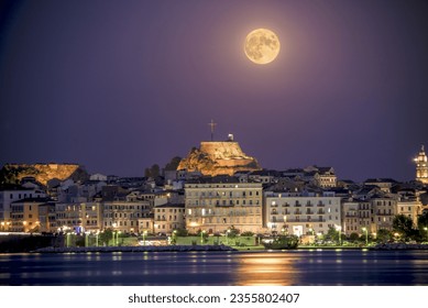 Night shot of Corfu Old Town, under the full moon, Corfu Summer, Greece - Powered by Shutterstock