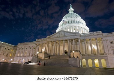 A Night Shot Of The Eastern Facade And Dome Of The US Capitol In Washington, DC.